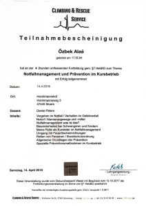 Zertifikat Notfallmanagement und Prävention im Kursbetrieb - Hebamme Alaá Özbek